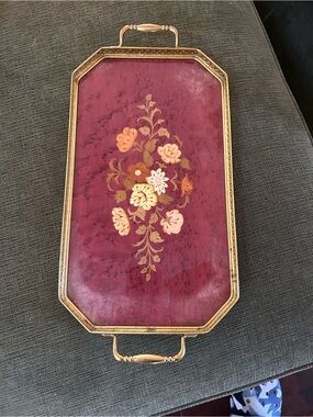 Floral Inlaid Burgundy Serving Tray Sorento brass as is